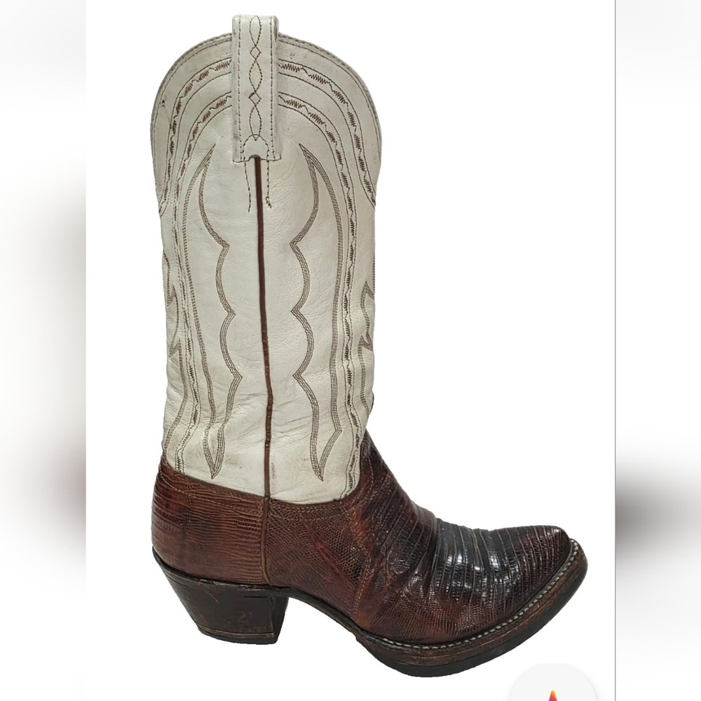 J. Chrisholm BROWN BEIGE Boot Cowboy Western Leather Pull On Ride Men 7 M Used